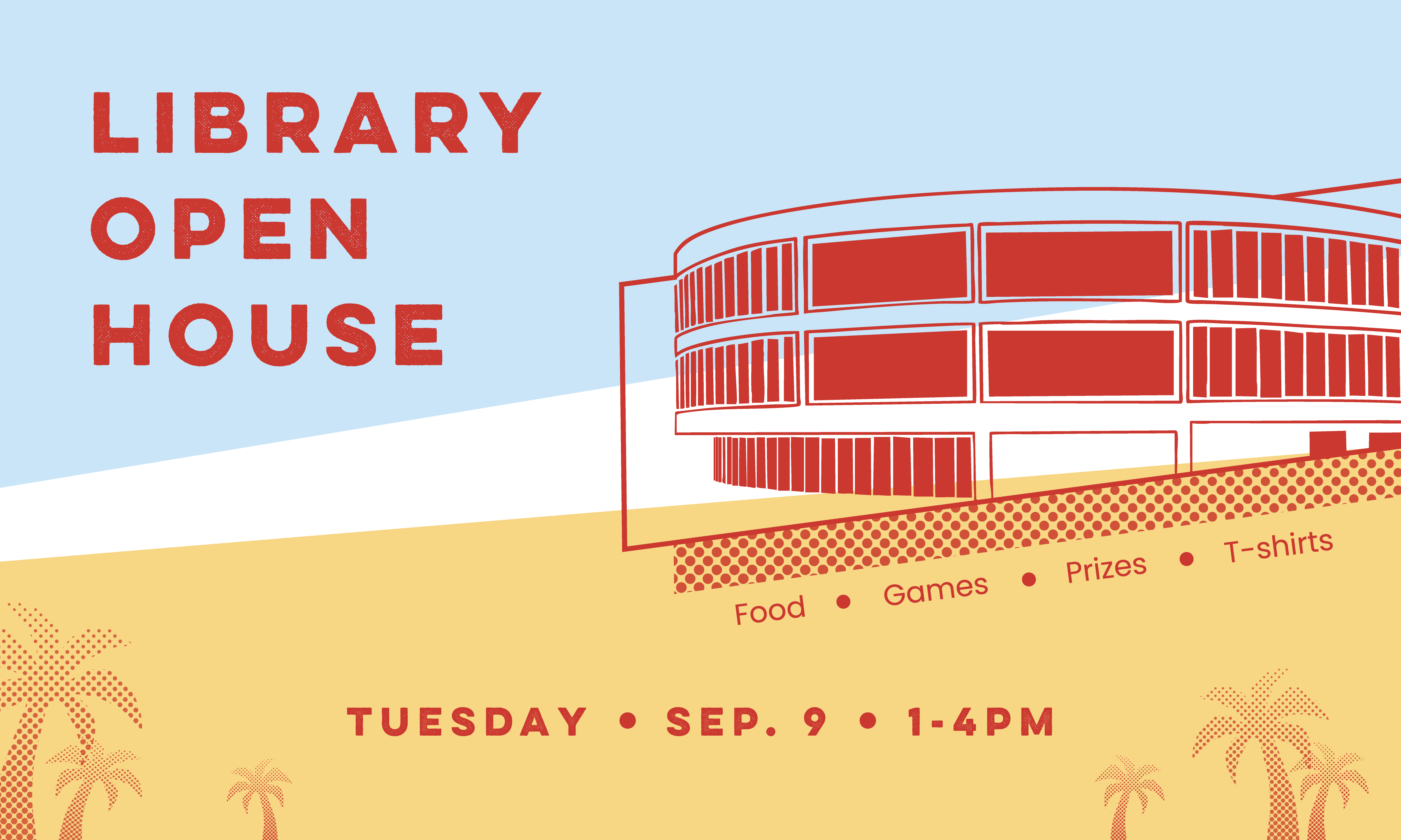 Illustration of library building with palm trees